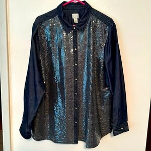 Chicos size 4 or XXL denim long sleeve button down top with sequins.